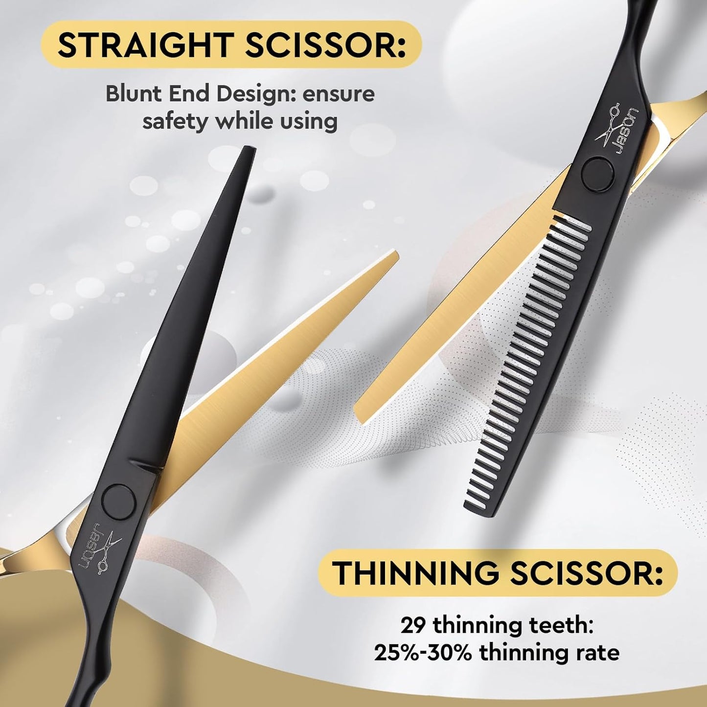 JASON Professional 10-Piece Haircut Scissors Set - 6.5" Thinning/Texturizing Scissors, Straight Shears for Men, Women & Home Salon (30 Teeth, Black & Gold)