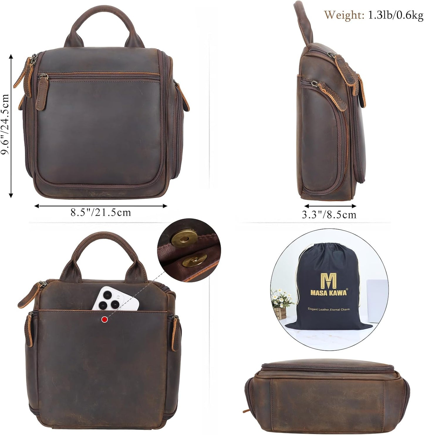 Masa Kawa Leather Hanging Travel Toiletry Bag for Men Portable Expandable Camping Cosmetics Makeup Toiletries Organizer Vintage Bathroom Shaving Kit Brown Wash Bags