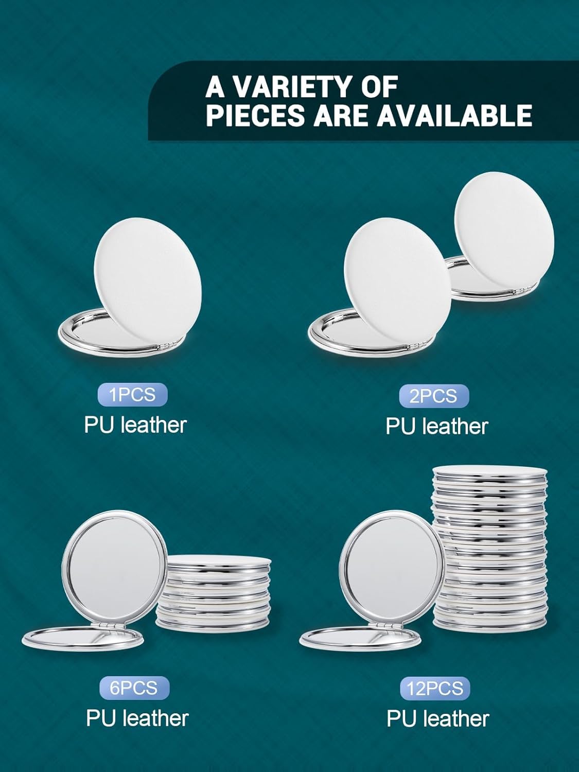 Compact Mirror,Set of 2 Round Double-Sided Makeup Small Mirror for Purse with 1X/3X Magnification PU Leather (White, 2.8")