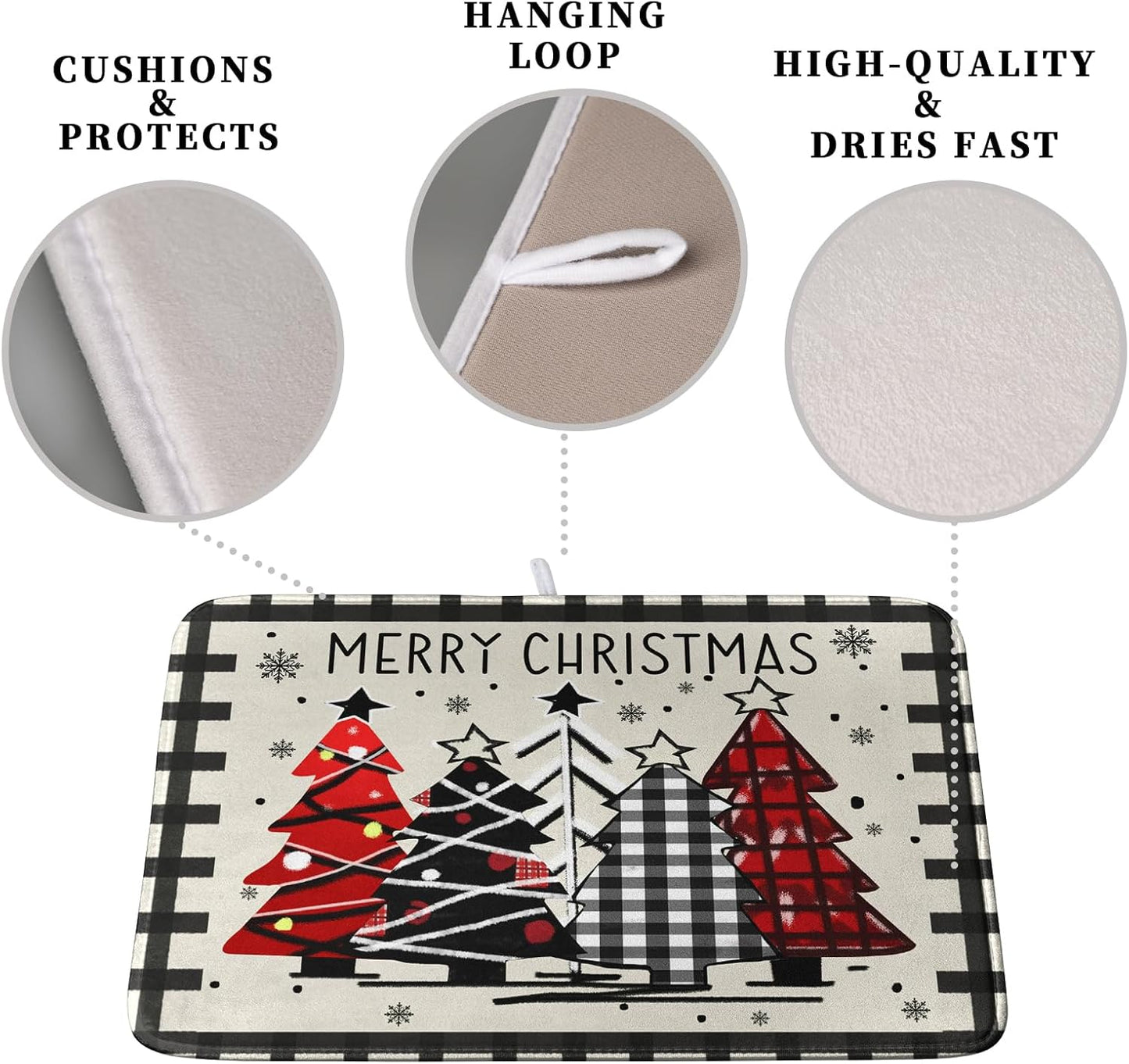 Merry Christmas Dish Drying Mats for Kitchen Counter 16x18 Buffalo Plaid Christmas Tree Microfiber Absorbent Drying Mat Seasonal Winter Holiday Drying Pad Dish Drainer Mat for Coffee Bar Sinks