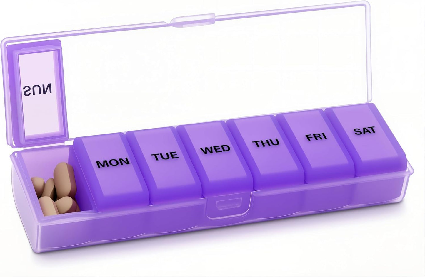 Silicone Weekly Pill Organizer 7 Day, Arthritis-Friendly Medicine Box Daily Pill Box, Large Medicine Case with Shell, Compact Travel Pill Container for Pill, Vitamin, & Fish Oil (Purple)