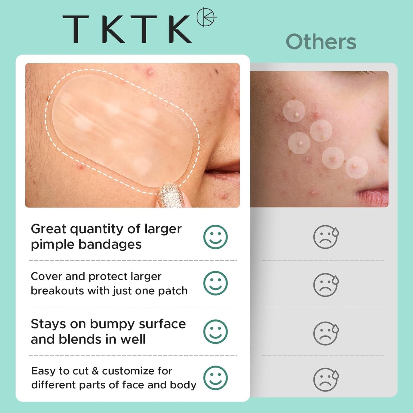 TKTK Large Pimple Patches for Face, 60 x 30 mm XL Acne Patches, Big Hydrocolloid Bandages for Body, Back, Forehead, Chin, Neck Blemish Zit Breakouts (Oval, Square, Dot 5 Sizes 265 Count)