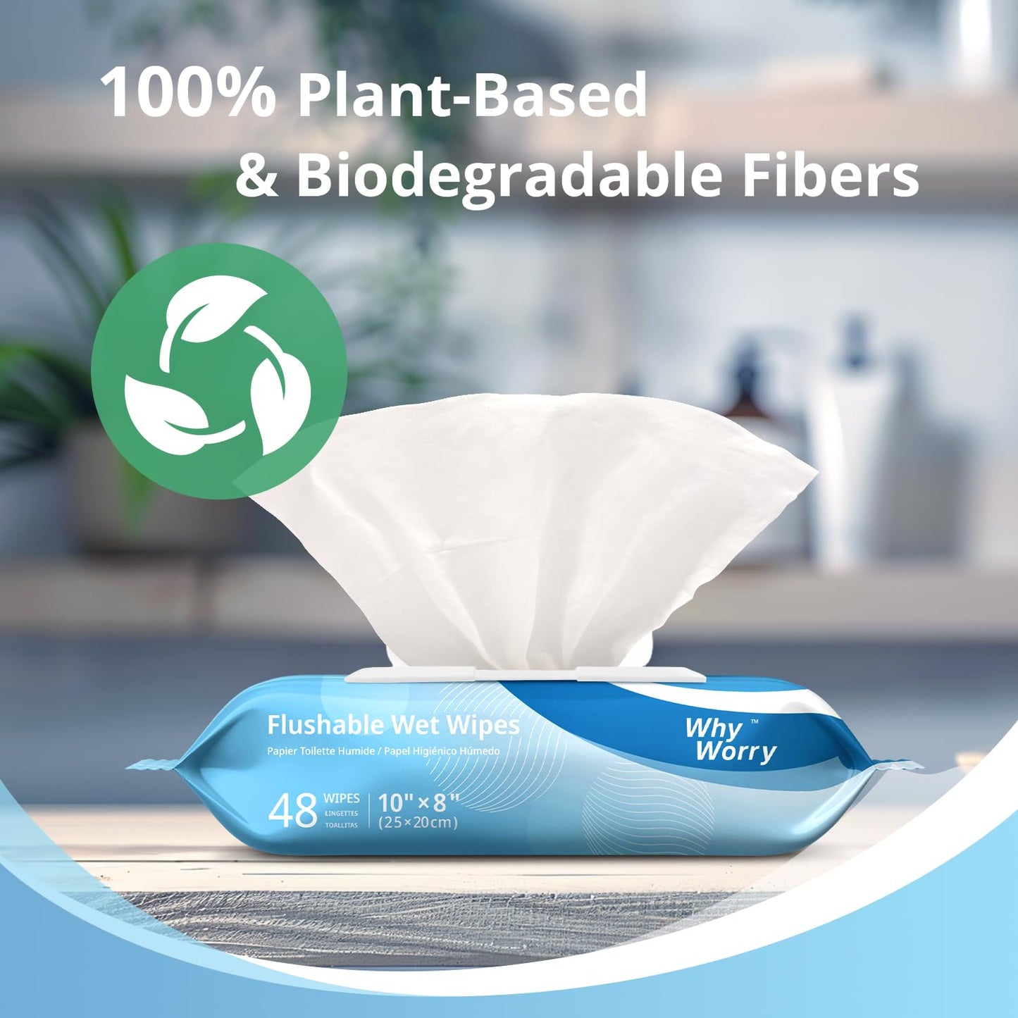 WhyWorry Flushable Wipes for Adults, Extra Large 8"x10" Butt Wipes for Personal Hygiene & Cleansing, Chamomile and Vitamin E, 100% Plant-Based, Septic & Sewer Safe, Sea Incense, 384 Count (8 Packs)