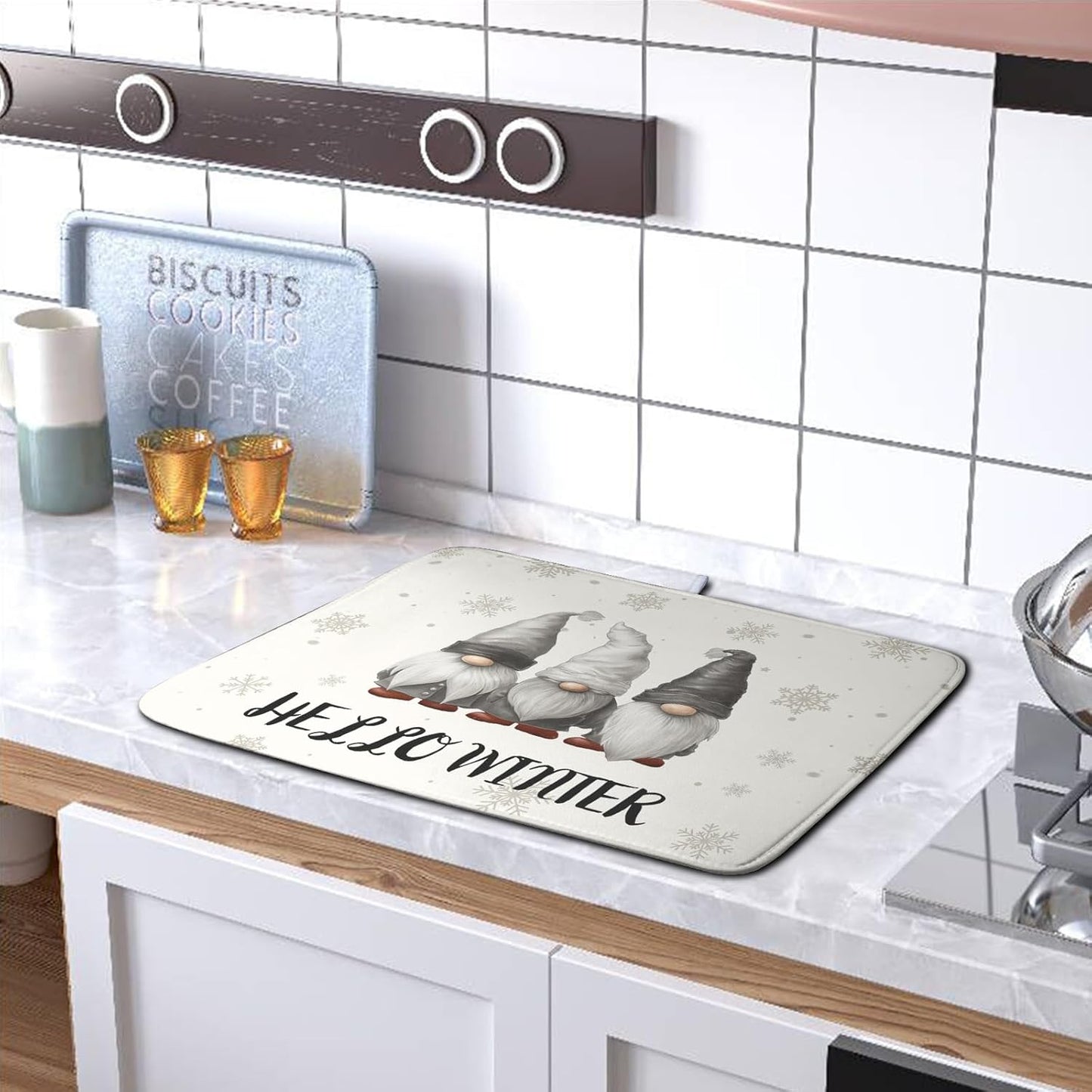 Winter Gnome Dish Drying Mat for Kitchen Counter 16x18 Christmas Snowflakes Santa Kitchen Drying Mat Hello Winter Dish Drainer Mat Super Absorbent Dish Rack Mat for Coffee Bar Countertop