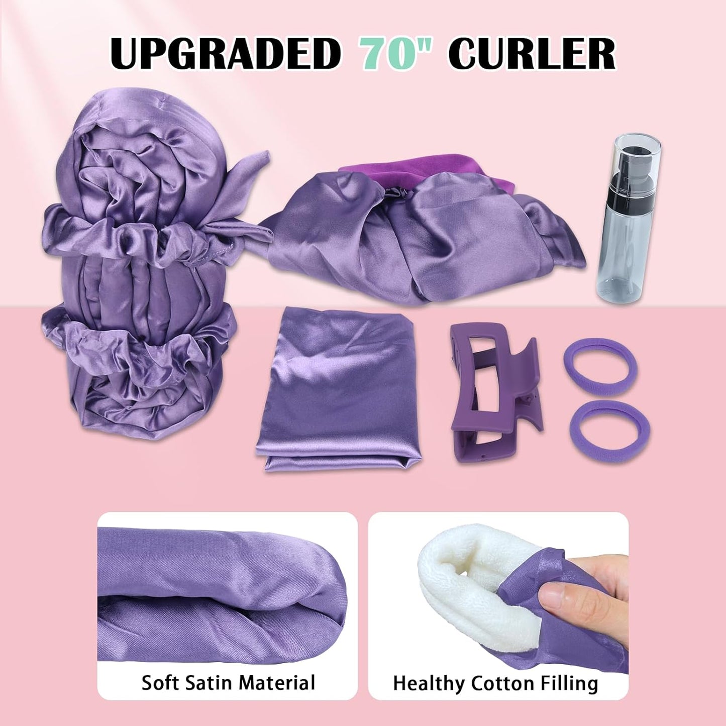 Satin Heatless Curls Overnight Hair Curlers to Sleep In Hair Curler Rollers No Heat Hair Wrap for Curls Headband, 70" Satin Heatless Curling Rod Set for Women Long Waves Hair Volume-Purple 9PCS