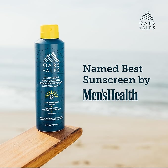 Oars + Alps Sunscreen Spray for Face & Body, SPF 50 Spray Sunscreen Infused with Vitamin C & Antioxidants, No White Residue, Water & Sweat Resistant, All Skin Types, Lightweight, Hydrating, 6oz, 1pk