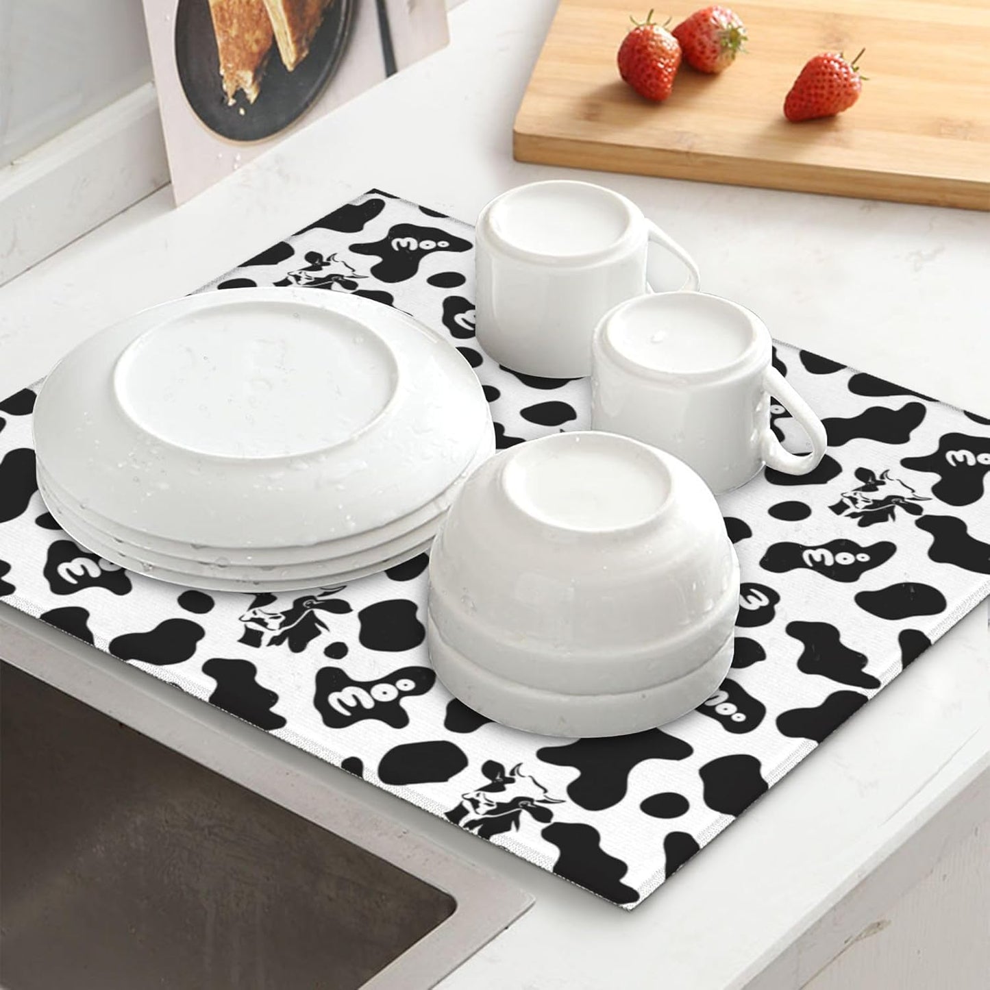 Cow Print Dish Drying Mat for Kitchen Counter Black White Decorative Dish Drainer Rack Mats 16x18 Inch Absorbent Reversible Drying Pad