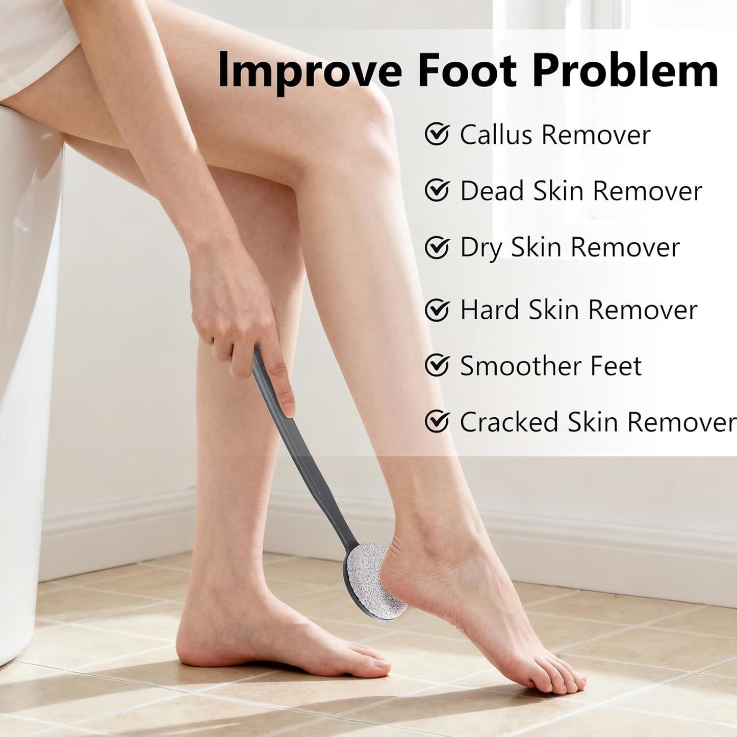 Pumice Stone for Feet with Long Handle (Curved Handle, Grey, Count, 1)