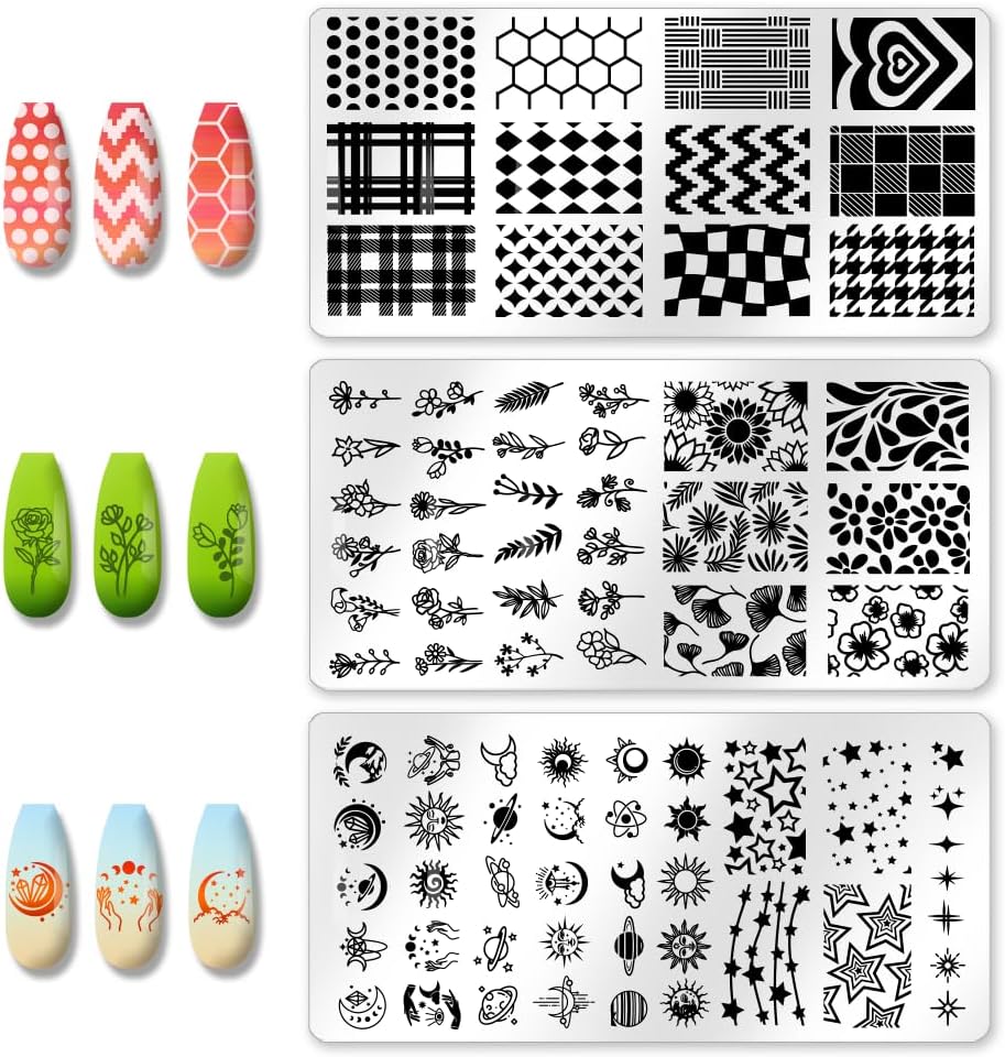 3Pcs Mix Design Nail Stamping Plate Flower Star Nail Stamping Templates French Line Tip Art Stamp Plates Sun Moon Stainless Steel DIY Reusable Tools for Manicure Printing