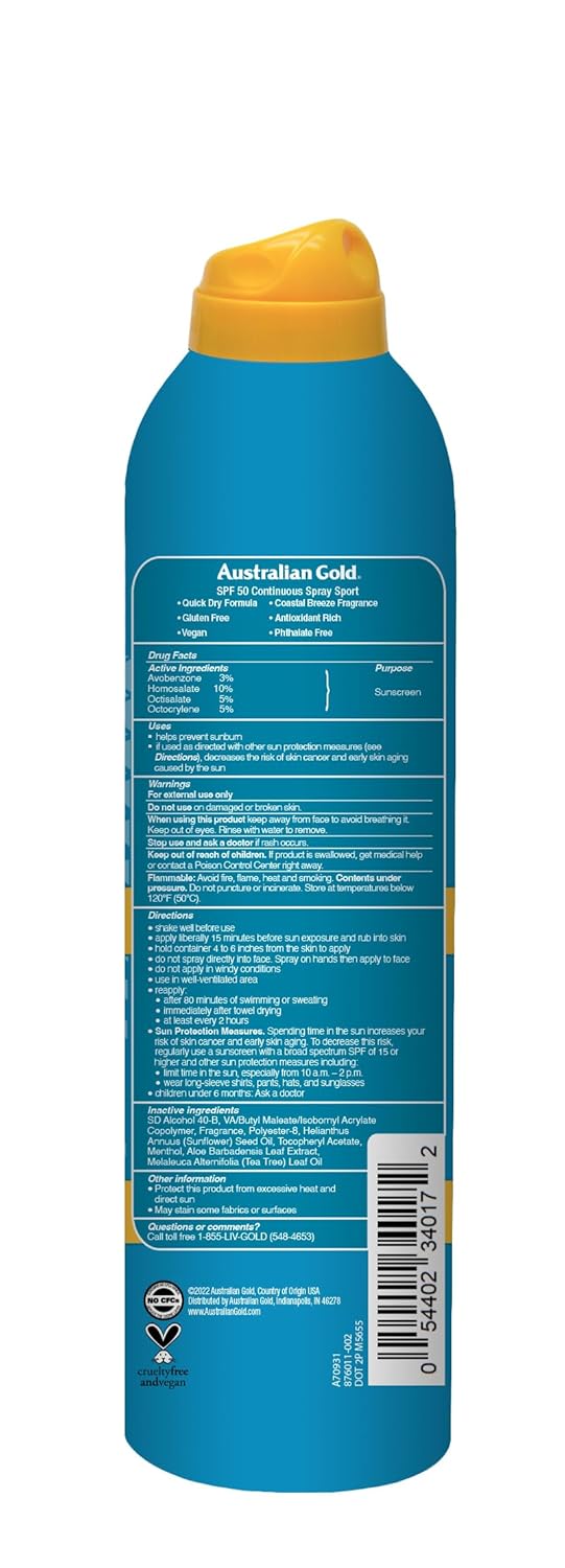 Australian Gold Extreme Sport Continuous Spray Sunscreen SPF 50 (Broad Spectrum/Sweat & Water Resistant/Non-Greasy), Sport - New, Coastal Breeze, 6 Oz 5.6 Ounce (Pack of 1) SPF 50 - Spray