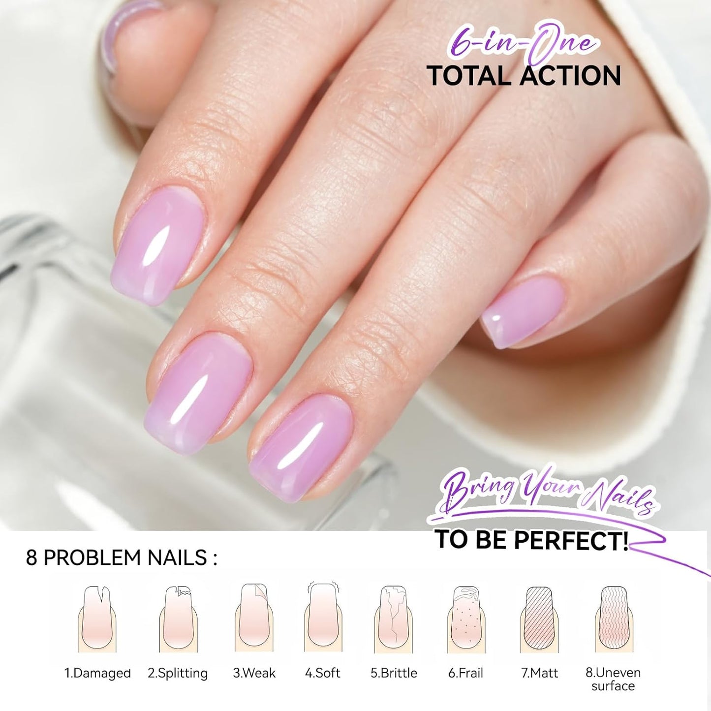 Nail Polish Strengthener and Growth: Lavender Haze Gelike EC 6 in 1 Natural Hardener - Long Lasting Nail Polish Hardener Extra Strong and Growth for Daily Work Home Salon