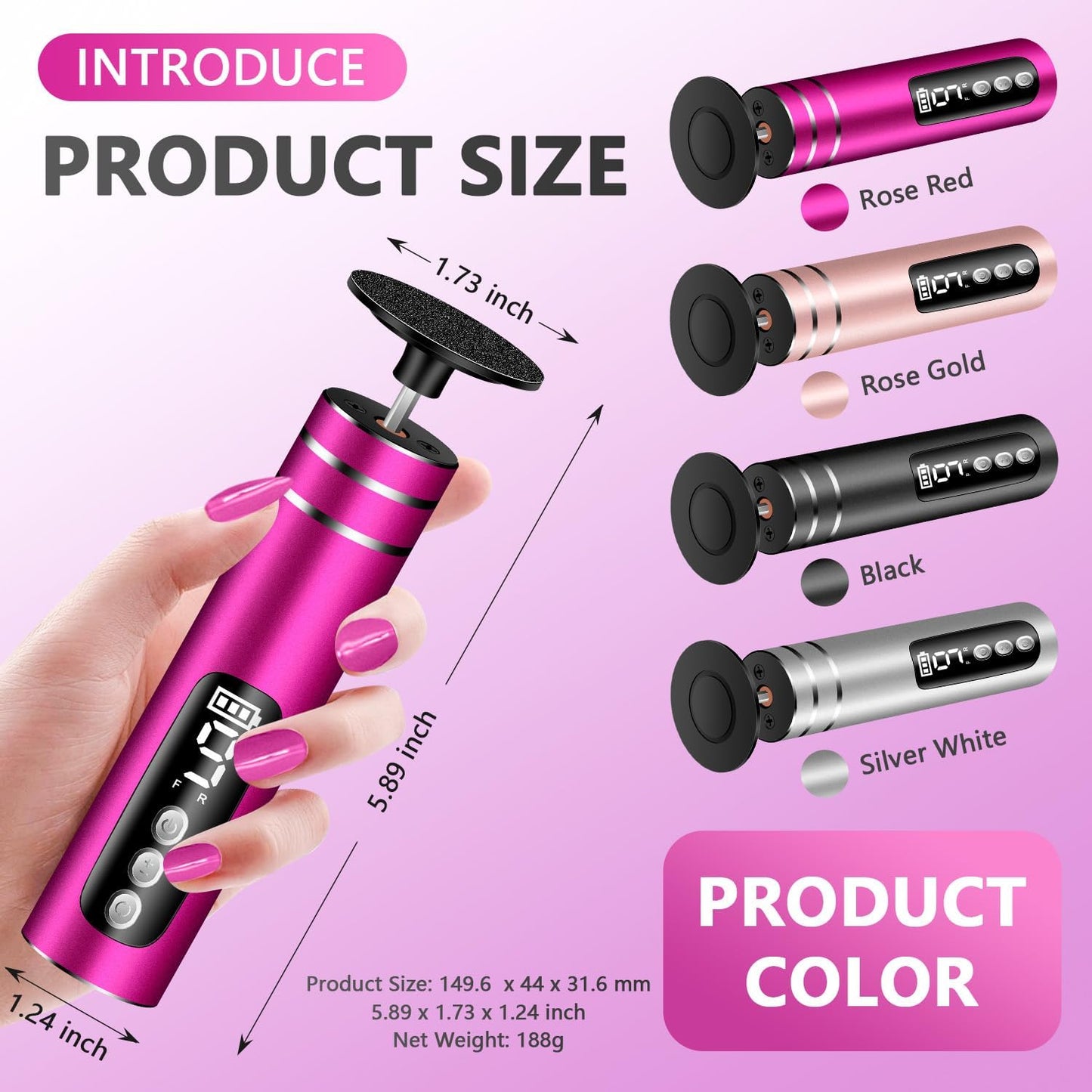 EAONE 2 in 1 Electric Callus Remover for Feet/Hands(Rose Red), Professional Pedicure Tools Foot/Nail File for Women Men Dry Crack Dead Skin Removal & Nail Care with 9 Speed Control/Digital Display