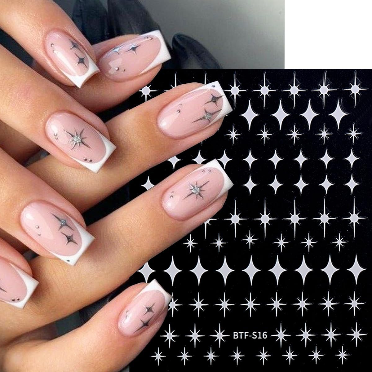 8Sheets Star Nail Stickers 3D Self Adhesive Nail Art Stickers Sparkle Nail Decals Gold Silver Gold White Mixed Shaped Star Design Cute Nail Sticker for Nail Art Women DIY Acrylic Manicure Decoration