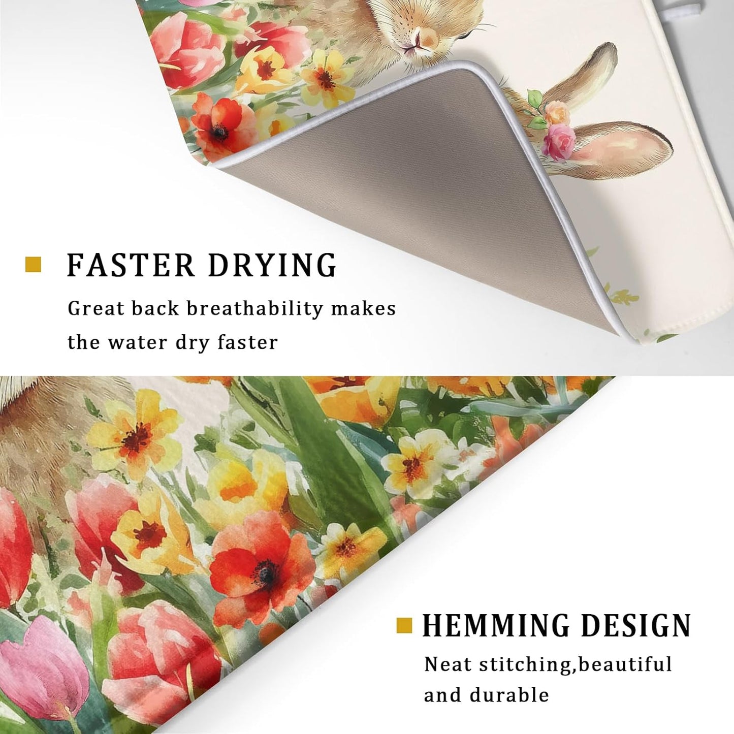 Easter Bunny Dish Drying Mat 18x24 inch Spring Floral Drying Pad Holiday Absorbent Microfiber Dishes Drainer Protector for Kitchen Counter