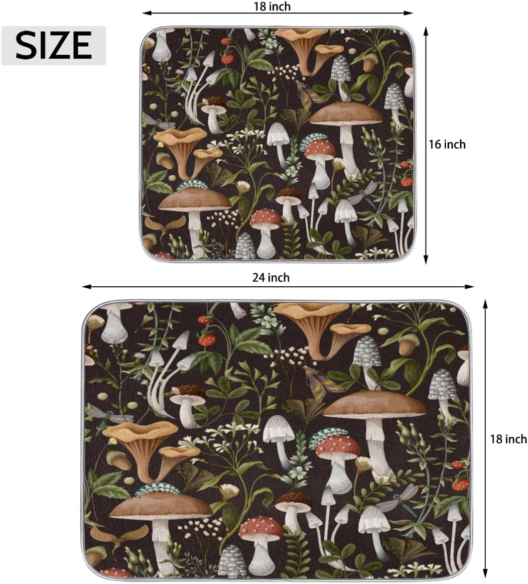 Hexteria Mushroom Dish Drying Mat For Kitchen Counter 16 X 18 Inch, Microfiber Absorbent Dish Drainer Mat for Countertops Protector Pad