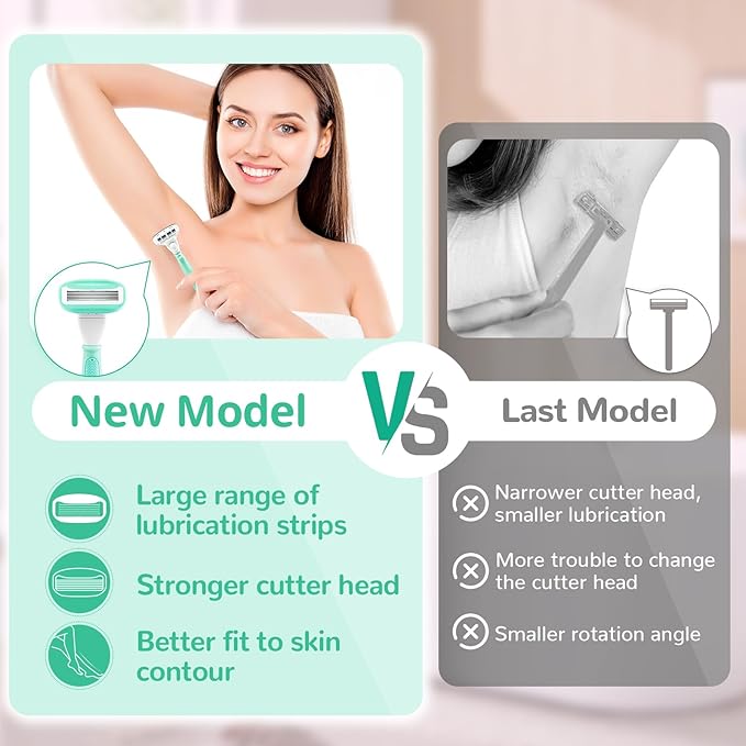 DreamGenius Razors for Women Include 2 Non-Slip Handles and 14 Blade Refills with a Shower Holder, 5 Premium Blades Women's Razors for Shaving with 360° Lubrication Reduces Irritation, Green