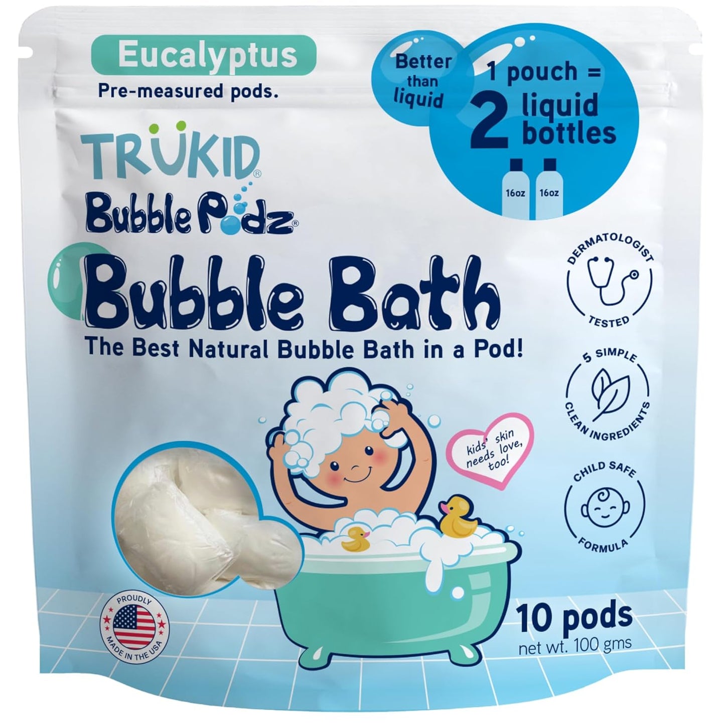 TruKid Bubble Podz Bubble Bath for Kids, Toddlers, & Babies, Tear Free Gentle & Refreshing Bath Bomb for Sensitive Skin with Natural Moisturizers, Non-Toxic, pH Balanced, Eucalyptus Scent (10 Podz)