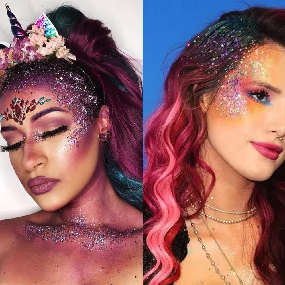 Go Ho Rose Purple Face Body Glitter Gel,Mardi Gras Purple Face Paint Makeup,Holographic Chunky Sequins Glitters for Eye Lip Hair Nails,Festival Rave Accessories,52g