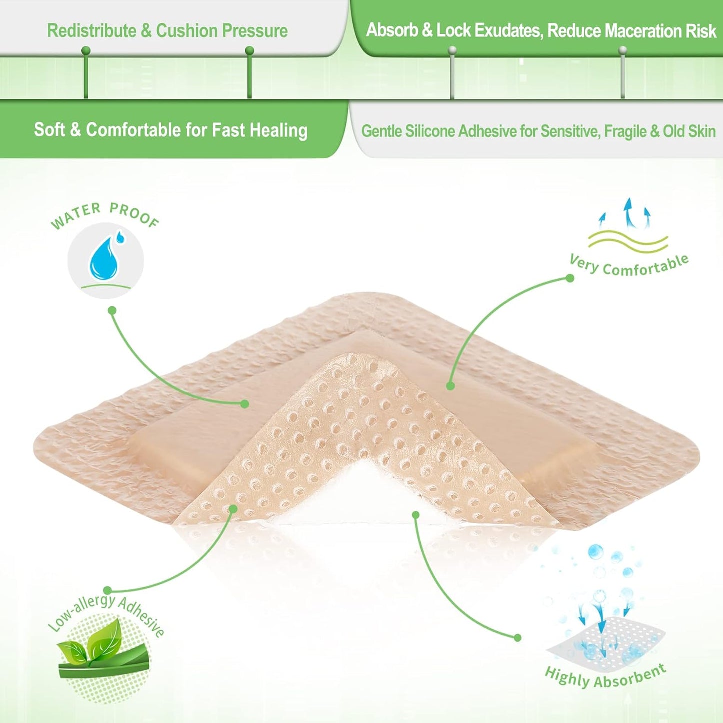 NeuHeils Silicone Adhesive Foam Dressing with Gentle Border 3''x3'' for Bed Sore, 10 Packs, High Absorbency Waterproof Silicone Wound Bandage for Foot Diabetic Ulcer