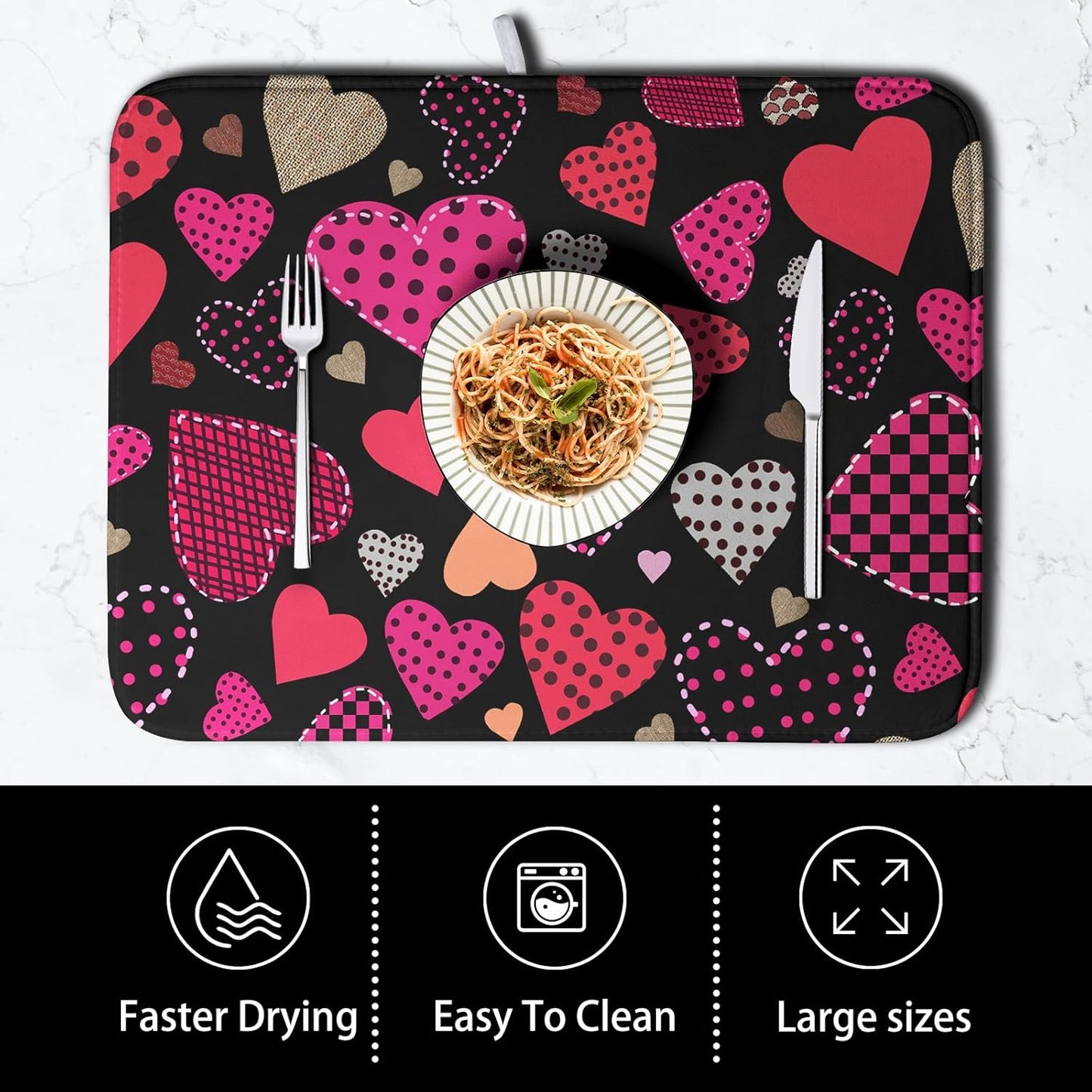 Valentine's Day Kitchen Drying Mats for Dishes 16x18 Inch Love Heart Dish Drying Mat Black Pink Polka Dots Dish Drainer Mat Super Absorbent Dish Rack Pad for Coffee Bar Sinks