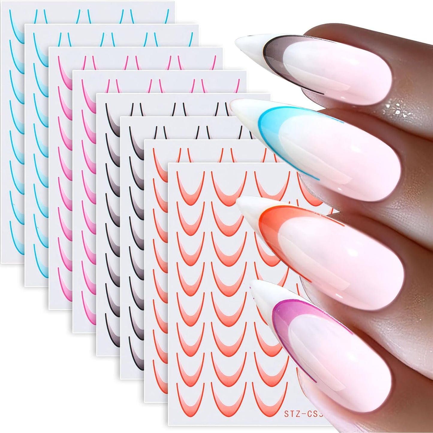 380 Pcs French Tips Nail Stickers, 8 Sheets Self-Adhesive Gradient Orange Black Rose Blue French Tips for Women Girls, 2025 Spring French Tip Nail Stickers Trendy Designs