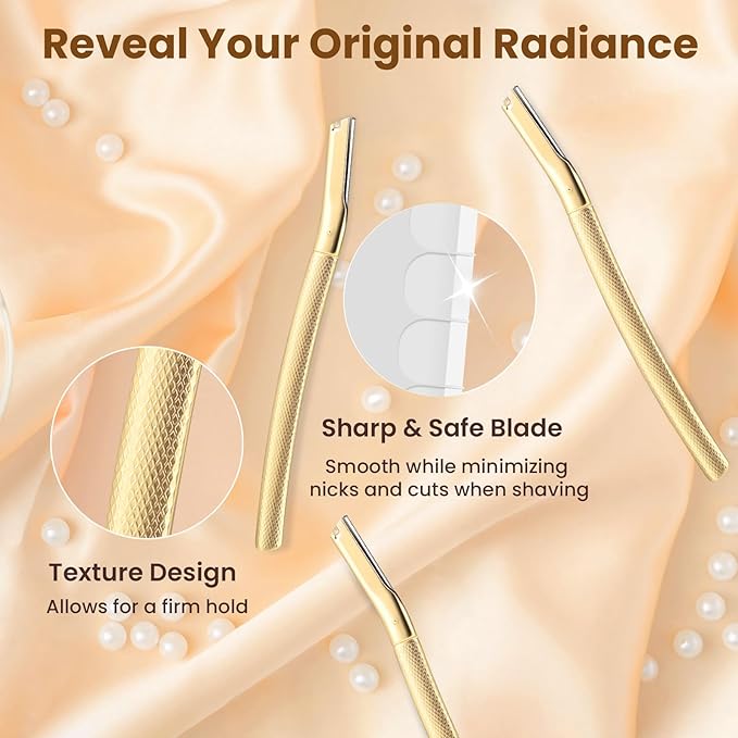 Dermaplaning Tool for Face, Dermaplane Razor for Peach Fuzz with Metal Grip, Professional Eyebrow Razor for Women, Facial Razor for Women Gold (12 Replaceable Blades)