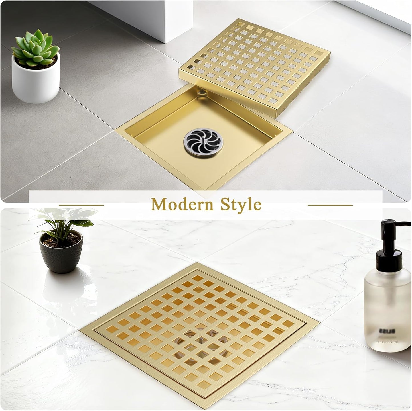 Square Shower Floor Drain with Flange, 6 Inch Brushed Gold Shower Drain Hair Catcher, SUS304 Stainless Steel Floor Drain Strainer, Shower Drain Cover