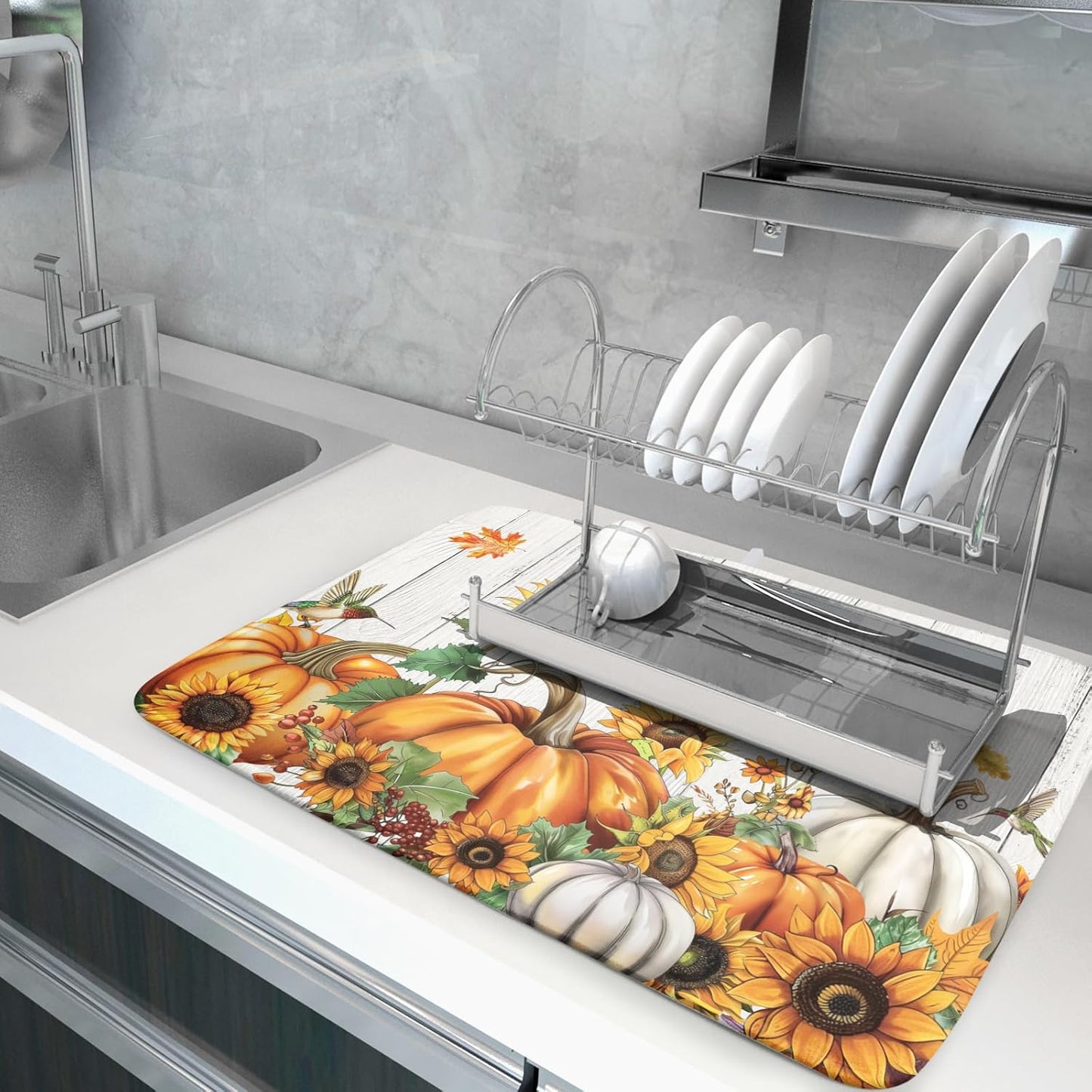 Autumn Harvest Pumpkin Dish Drying Mat for Kitchen Counter Sunflower Maple Leaves Fall Dish Drying Mat 18”x24” Thanksgiving Dishes Pad Dish Drainer Rack Mats Absorbent Fast Dry Kitchen Accessories