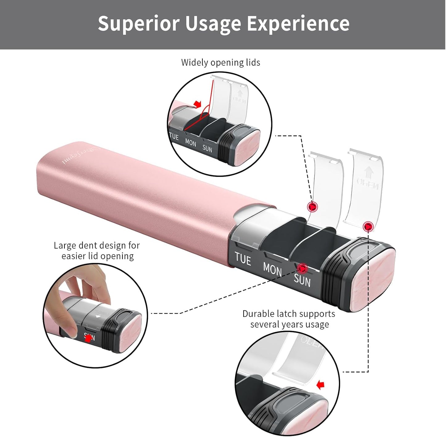 Metal Weekly Pill Organizer, Serfeymi Aluminum Daily Pill Box(Spare Gasket Provided),7 Day Pill Case Travel Medicine Organizer,Pill Containers with Individual Lid for Vitamins,Pills, Supplement-Pink