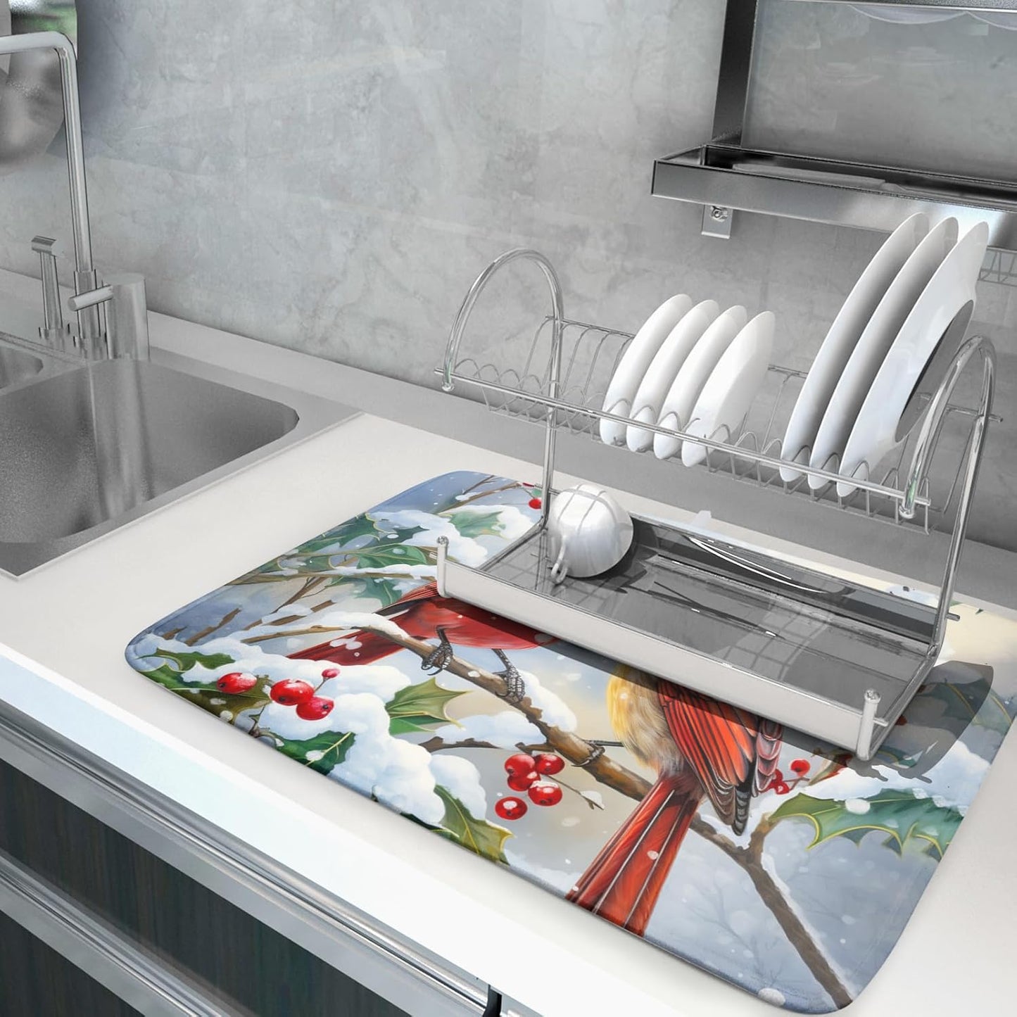 Winter Cardinals Dish Drying Mat for Kitchen Counter - Absorbent Reversible Microfiber Pad, Drainer Rack for Coffee Bar, 18x24 Inch, Red