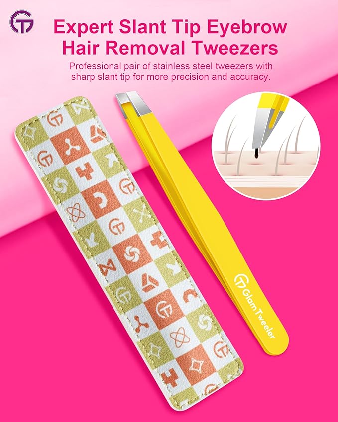 Expert Eyebrow Hair Removal Tweezer with Leather Case, GlamTweeler High Precision Slant Tip Stainless Steel Tweezers for Men and Women (Chartreuse Yellow)