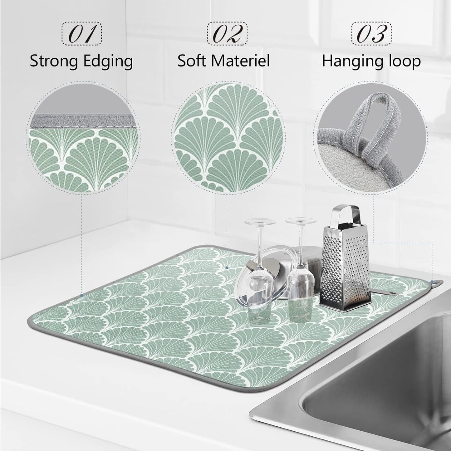 SHIYUE Dish Drying Mat for Kitchen Counter Super Absorbent Spring Kitchen Decor Microfiber Drying Matainers Rack Fast Pad Dish Drainer Mats(Green Shell Geometric,18''x24'')