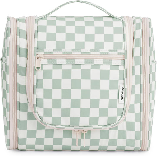 Narwey Checked Hanging Travel Toiletry Bag for Women, Travel Bag for Toiletries, Makeup Bag Organizer Cosmetic Bags Make Up Bags for Women (Mint Green Checkerboard)