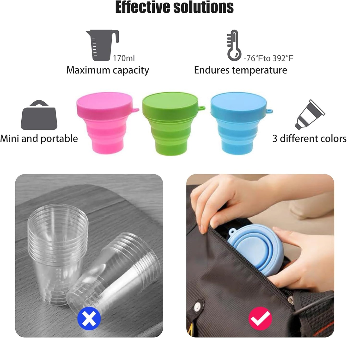 Silicone Collapsible Water Cup,Outdoor Folding Reusable Mug with Lid Lanyard,Camping Travel Hiking Expandable Drinking Jug,Portable BPA Free Food Grade Container,170ml/6oz(3pcs)