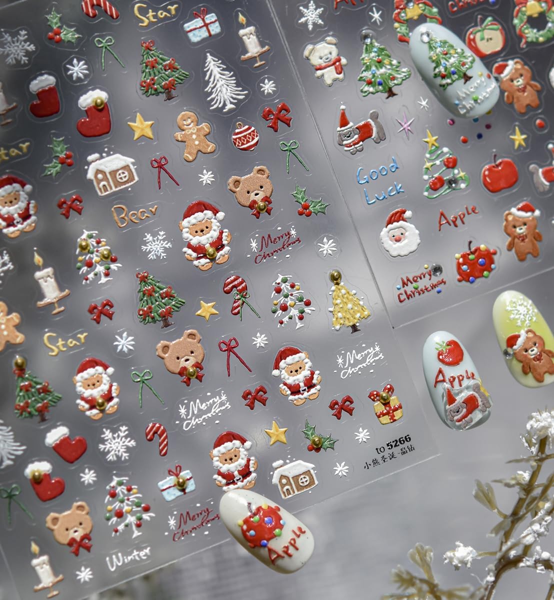 Christmas Nail Stickers Santa Claus Nail Stickers for Nails Art Bear Nail Art Decals with Xmas Tree Design 5D Self Adhesive Nails Charms Supply for Women Girls Manicure DIY Decoration Accessories