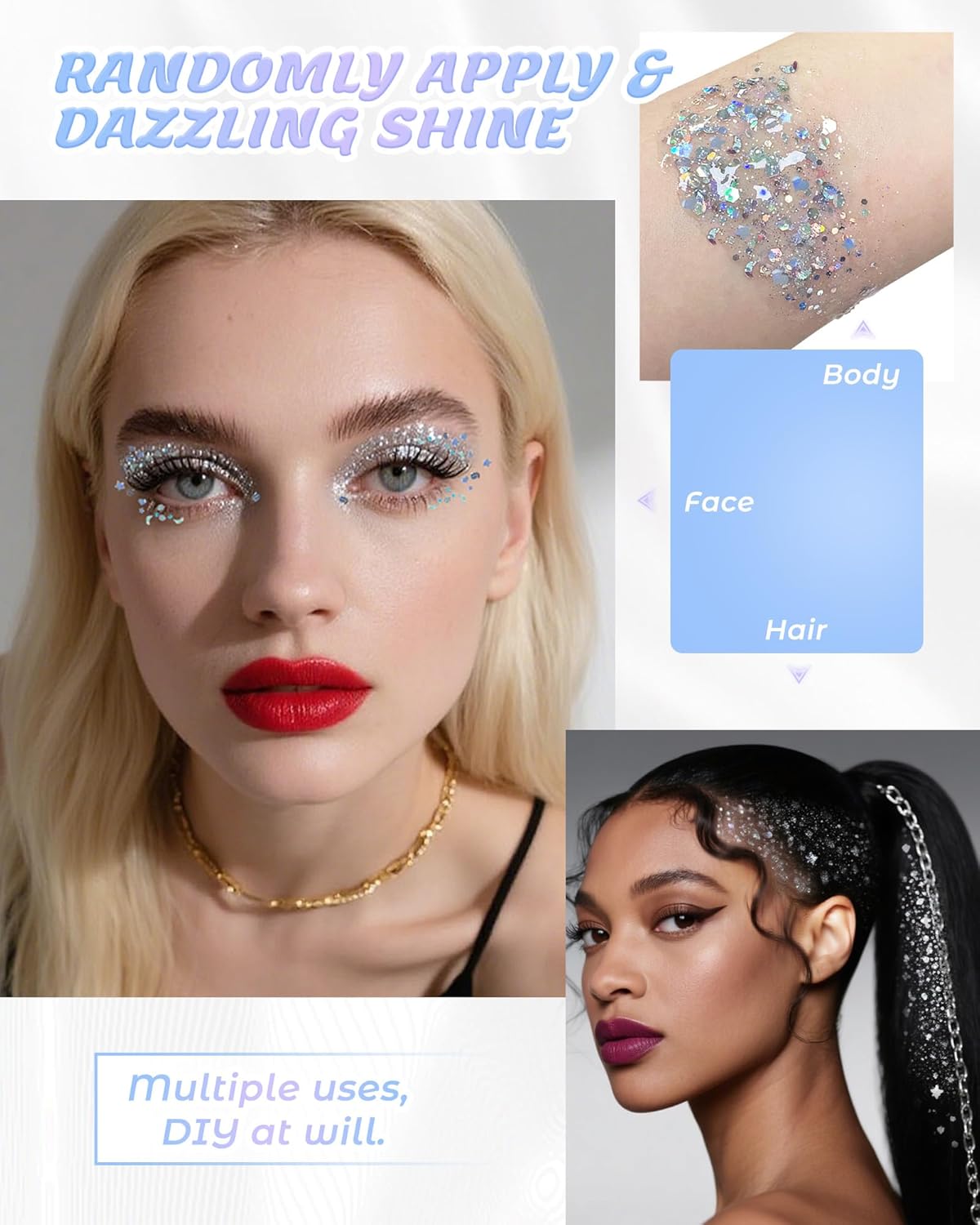 6PCS Silver Face Body Glitter Gel，Holographic Chunky Sequins Body Glitter Paint for Party Singer Concerts Music Festival Rave Accessories for Girls Women Face Body DIY Sparkling Makeup