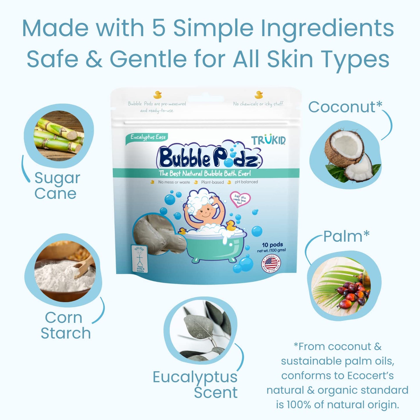 TruKid Bubble Podz Bubble Bath for Kids, Toddlers, & Babies, Tear Free Gentle & Refreshing Bath Bomb for Sensitive Skin with Natural Moisturizers, Non-Toxic, pH Balanced, Eucalyptus Scent (24 Podz)