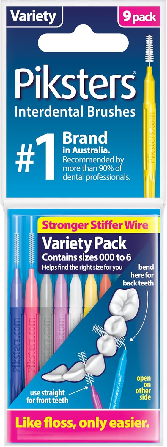 Piksters Interdental Brushes, Variety Pack Size 000-6, Interdental Tooth Brush for Extremely Tight Gaps to Large Teeth Gaps, Gum Soft Bristles for Plaque Removal, Safe for Braces (9 pk)