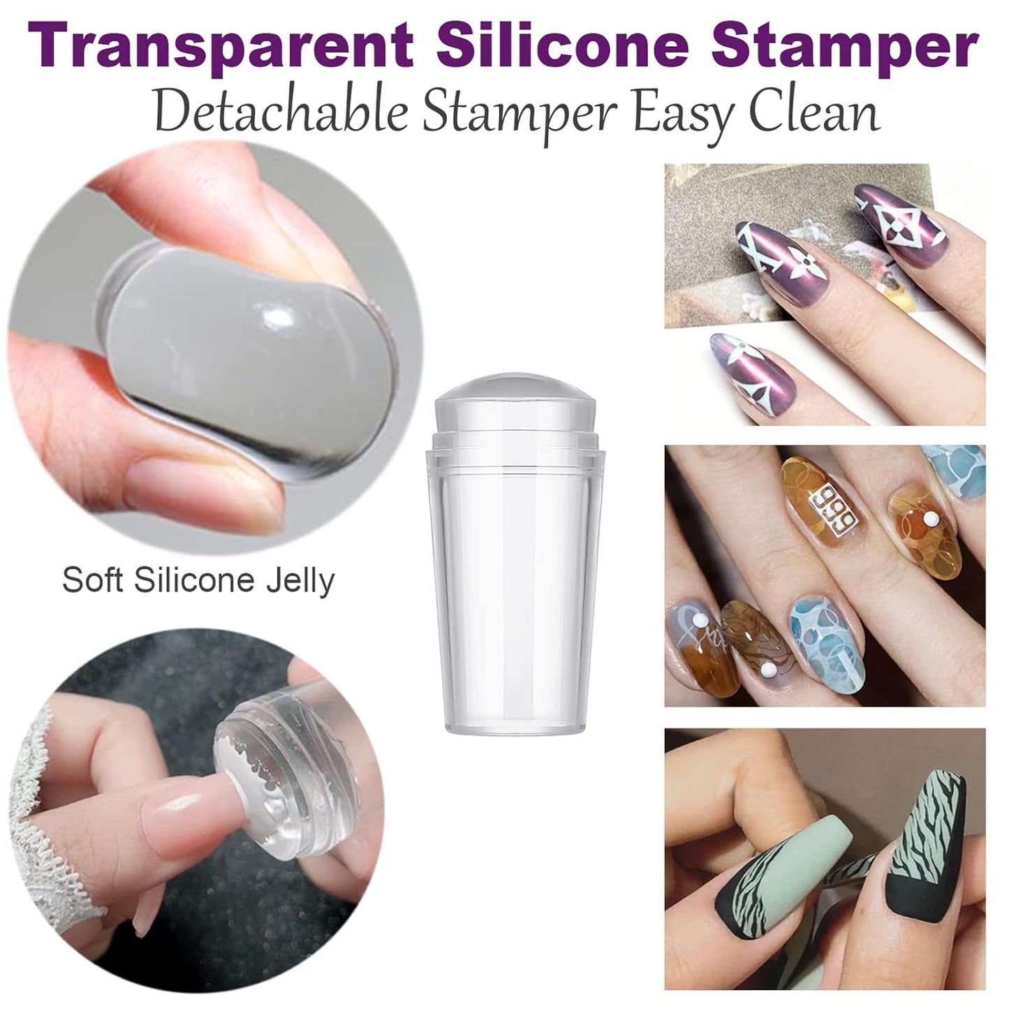 Nail Stamper Nail Art Brushes, French Tip Nail Stamp Clear Nail Art Stamper Jelly with Scraper, 7pcs Nail Pen Brushes, Soft Silicone Stamper Printer DIY French Tip Nail Stamping Manicure Tool