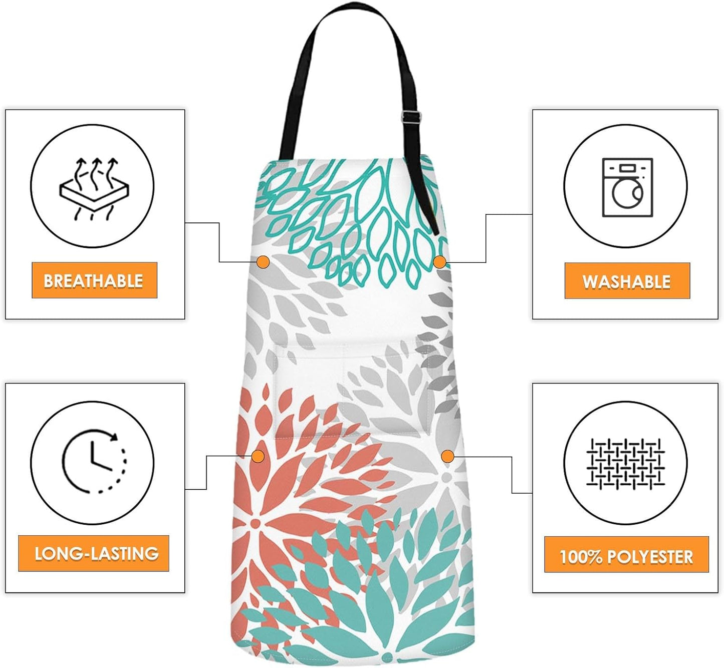 Britimes 2 Pack Aprons, Dahlia Flower Geometric Plaid Adjustable Bib Aprons with 2 Pockets for Women Men Couple Lovers Chef Home Kitchen Cooking Baking Gardening Coral Teal Chevron Apron 32x28 Inches