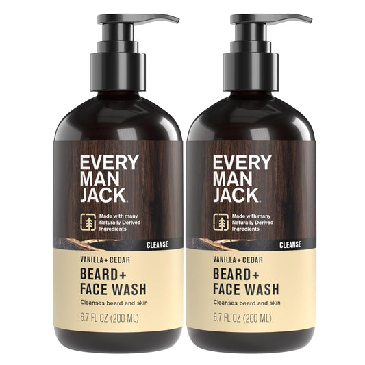 Every Man Jack Beard + Face Wash - Vanilla & Cedar Fragrance - Cleans & Softens Your Beard and Skin - Naturally Derived w/Aloe and Glycerin- 6.7 fl oz - 2 Pack