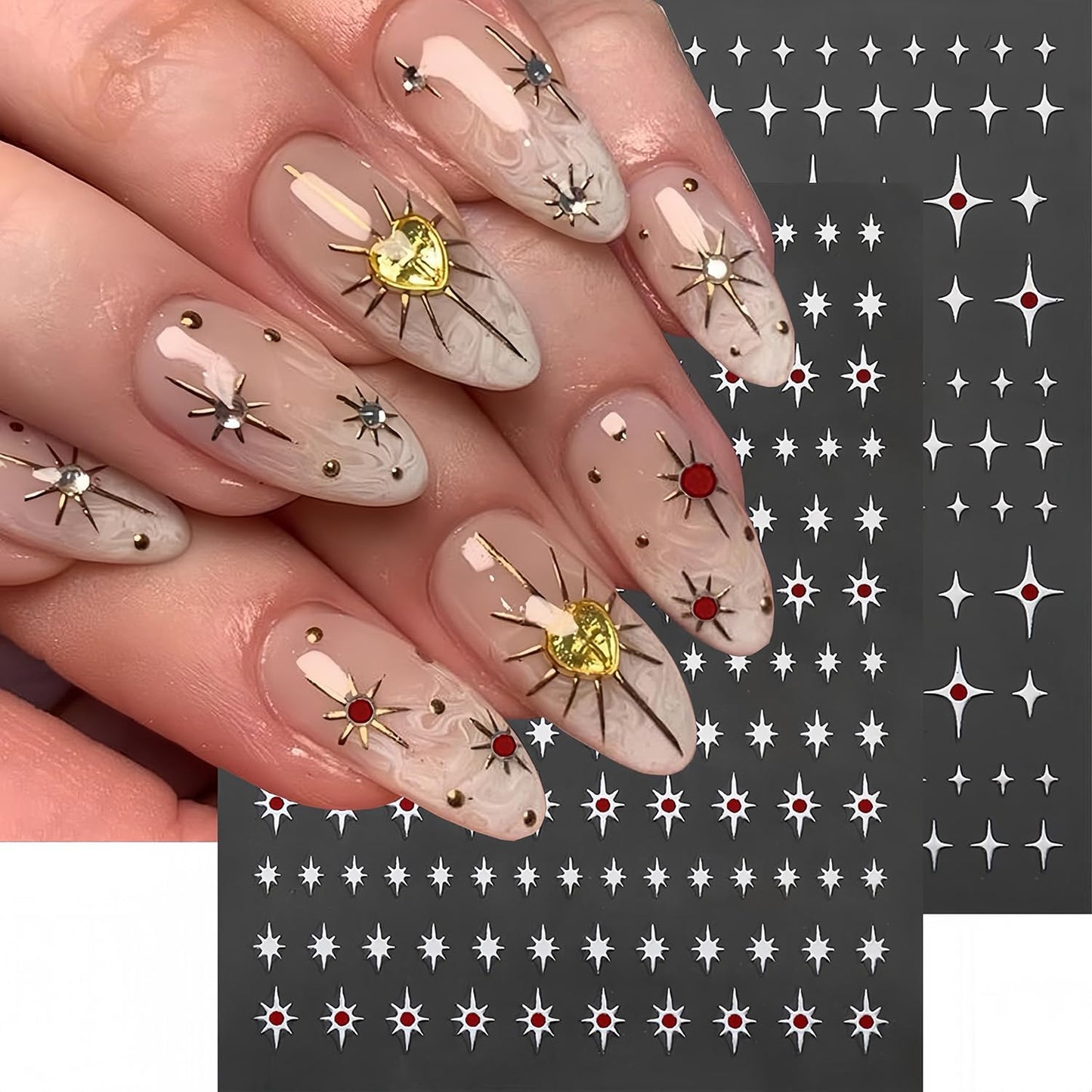 5 Sheets Star Nail Art Stickers 3D Self-Adhesive Gold Stars Starlight Nail Stickers with Red Rhinestones Design Nail Decals Star Moon Nails Sticker for Women Daily DIY Manicure Decoration