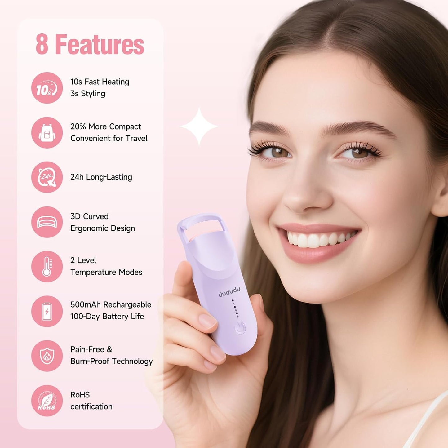 DUDUDU Heated Eyelash Curler, Portable Travel-Size Mini Electric Heated Lash Curler - 2-Level Adjustable Temp & Type-C Recharge, 10S Heat 3S Style 24H Lift for Long-Lasting Natural Effortless Curves