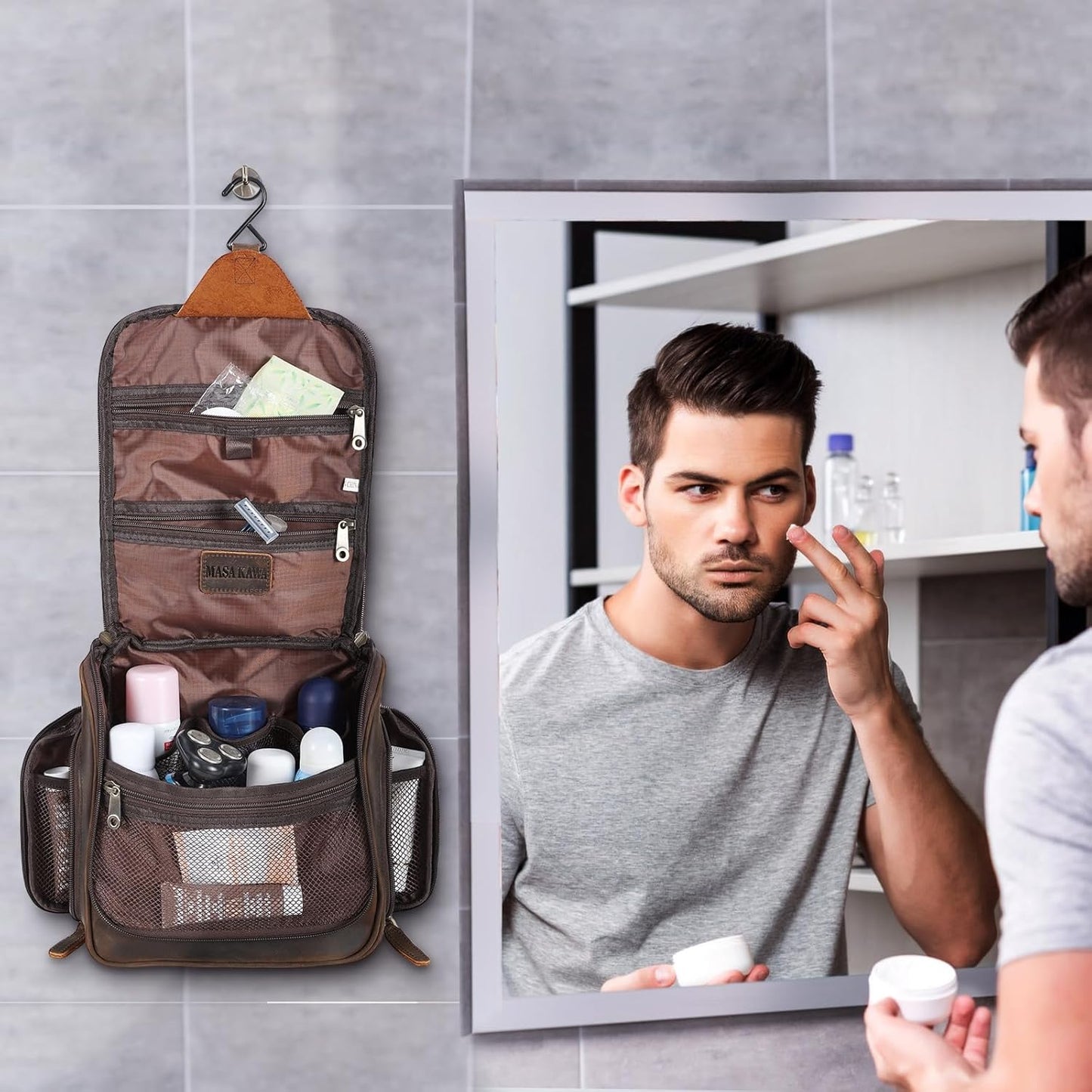 Masa Kawa Leather Hanging Travel Toiletry Bag for Men Portable Expandable Camping Cosmetics Makeup Toiletries Organizer Vintage Bathroom Shaving Kit Brown Wash Bags
