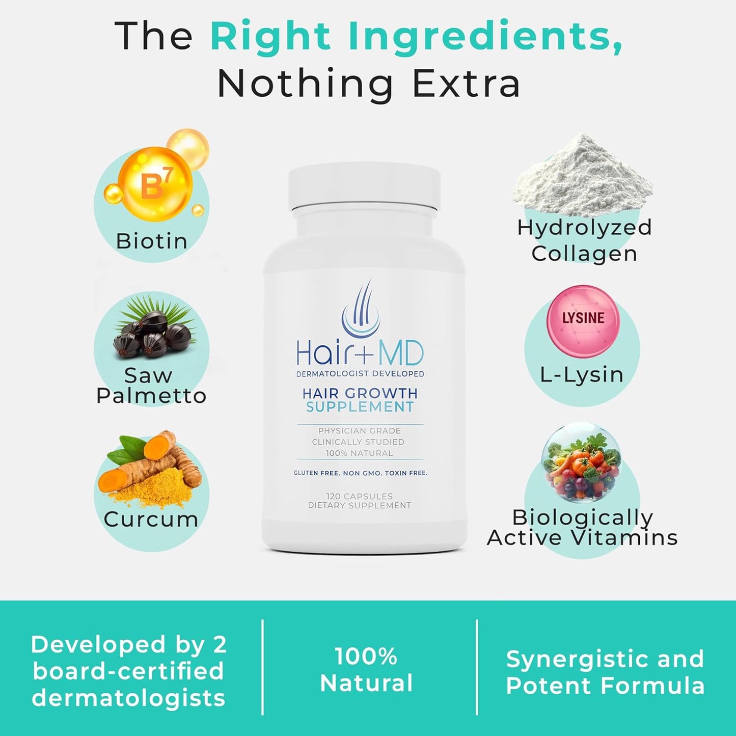 Hair Plus MD Hair Growth Supplement, 120 Capsules – Supports Hair Growth & Density – Dermatologist-Developed with Collagen & Vitamins – Gluten-Free, Toxin-Free, Non-GMO – 1 Month Supply