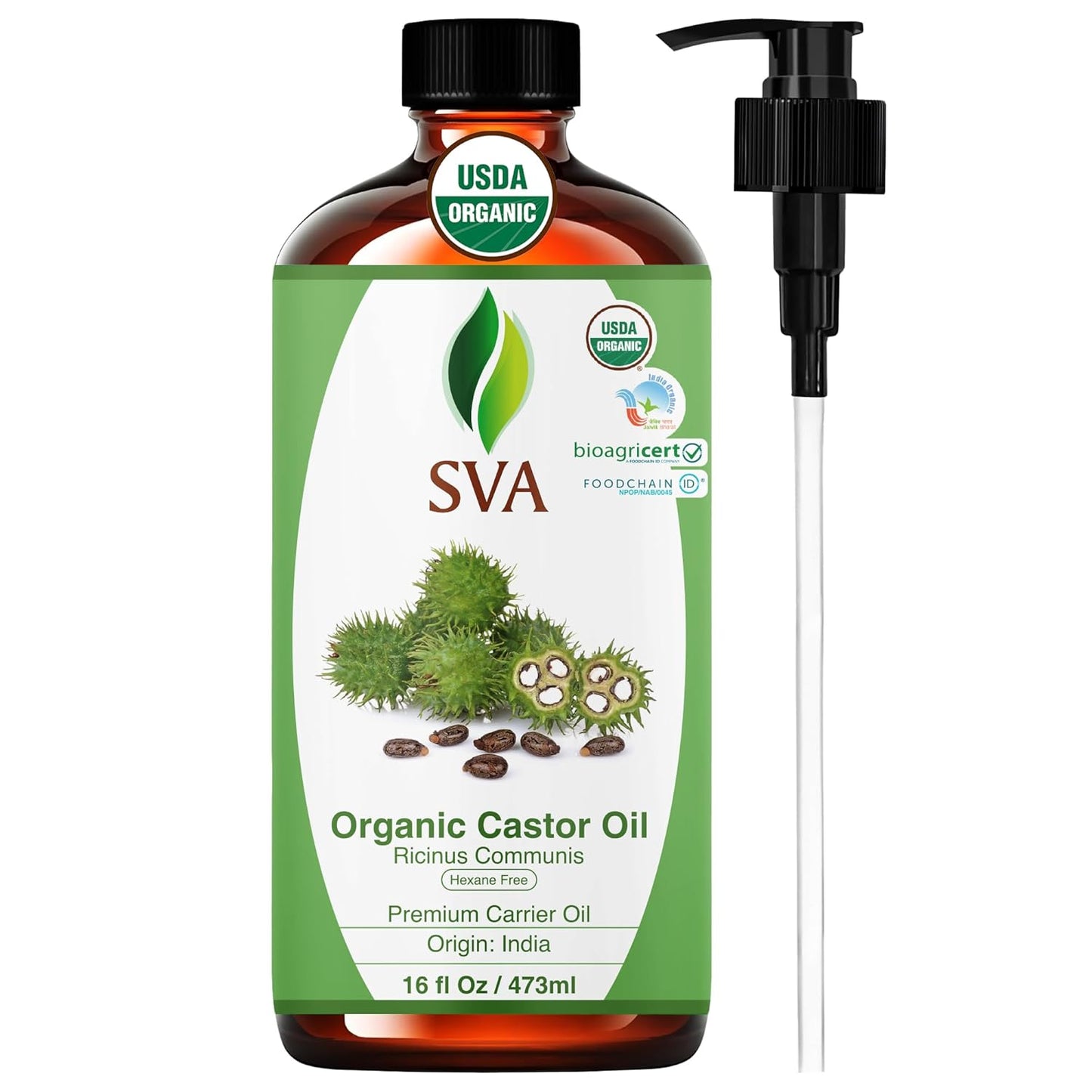 SVA Castor Seed Oil Organic - 16 Fl Oz – 100% Natural Cold Pressed Organic Castor Oil - for Face, Skin Care, Hair Care, Scalp Massage & Body Massage with Pump