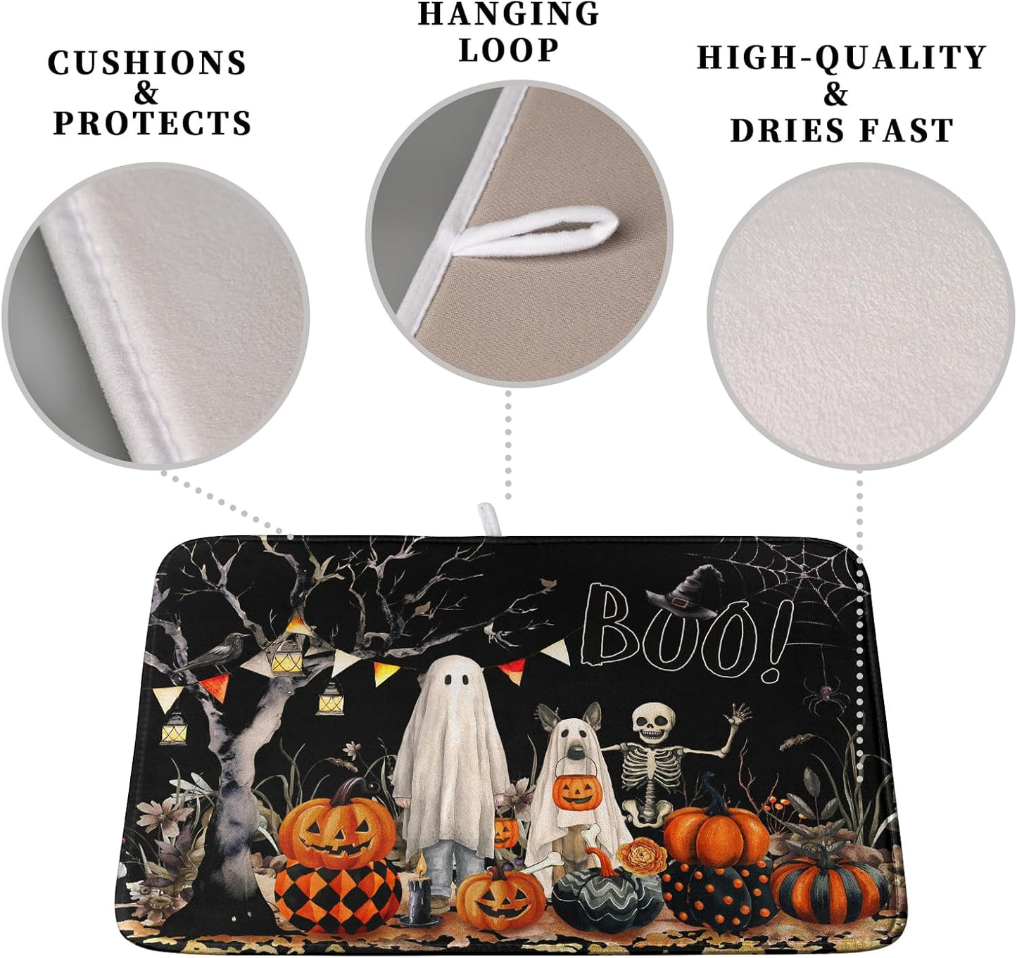 Halloween Dish Drying Mat for Kitchen Counter 16x18 Inch Black Ghost Pumpkins Dog Boo Skull Dishes Drainer Mats Absorbent Microfiber Washable Dish Draining Pad for Sink Coffee Bar