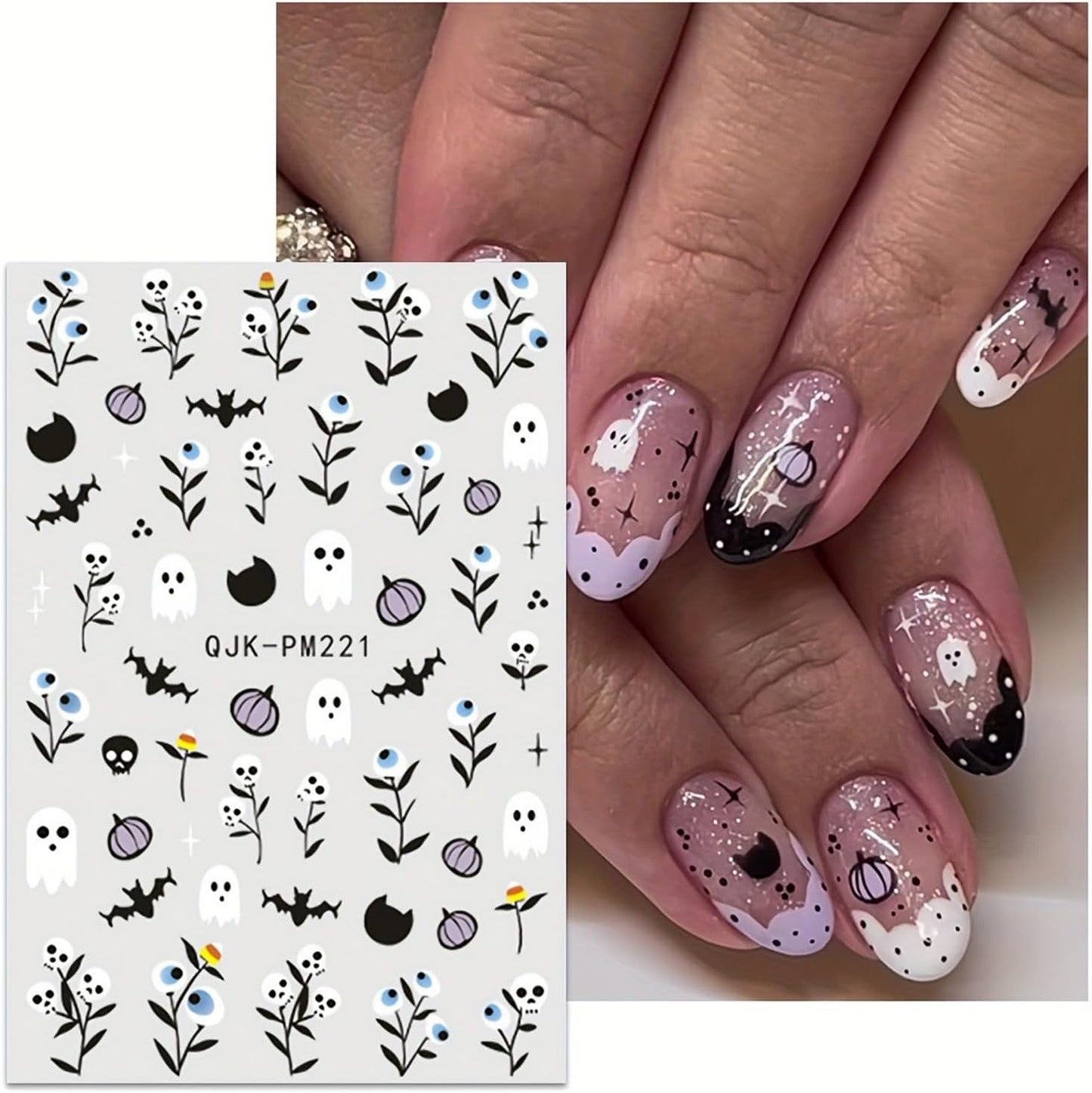 Halloween 9 Sheets Cute Nail Stickers Decals for Art - Ghost, Brown Flower, Pumpkin - Fall Self-Adhesive 3D DIY Supplies for Women, Girls & Kids
