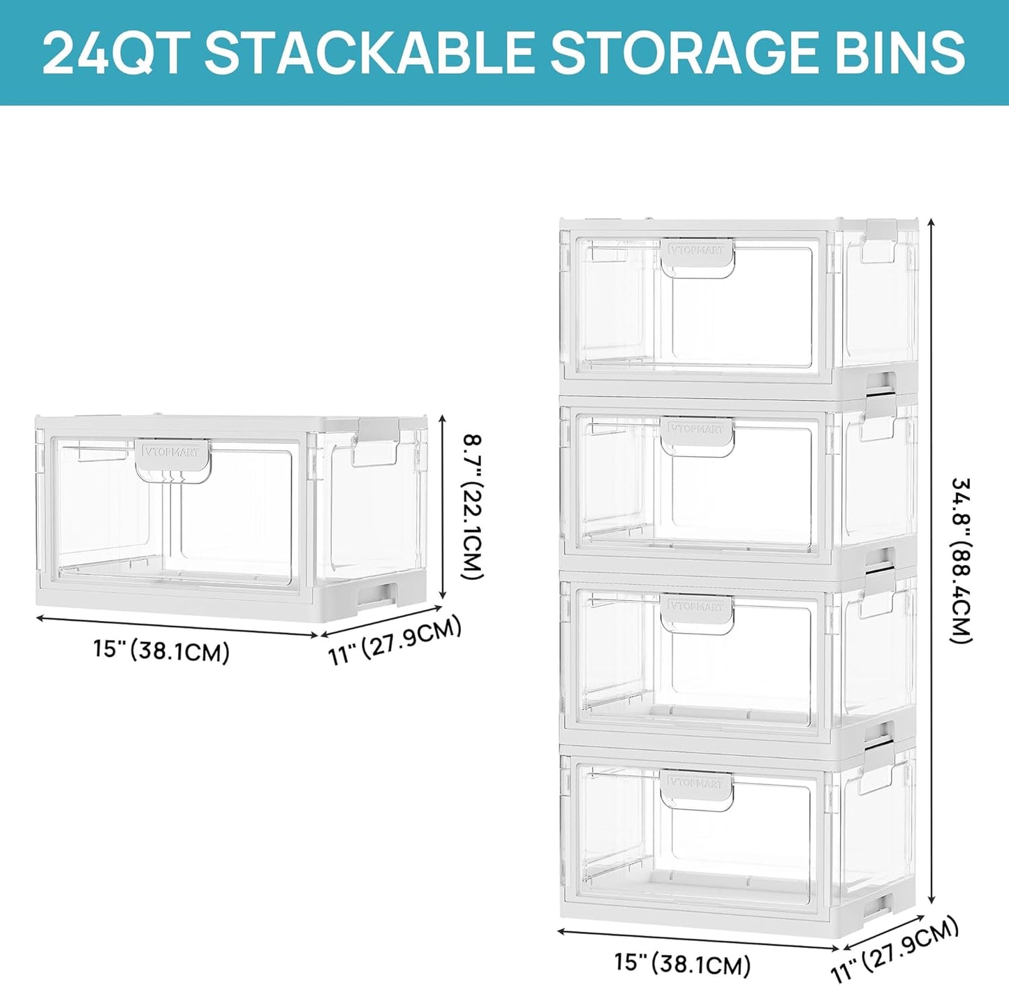 Vtopmart 4 Pack Stackable Storage Bins with Lids,24QT Clear Foldable Closet Organizer with Front-Open Doors,Plastic Storage Containers for Living Room, Bedroom, Craft Room, Dorm Organization