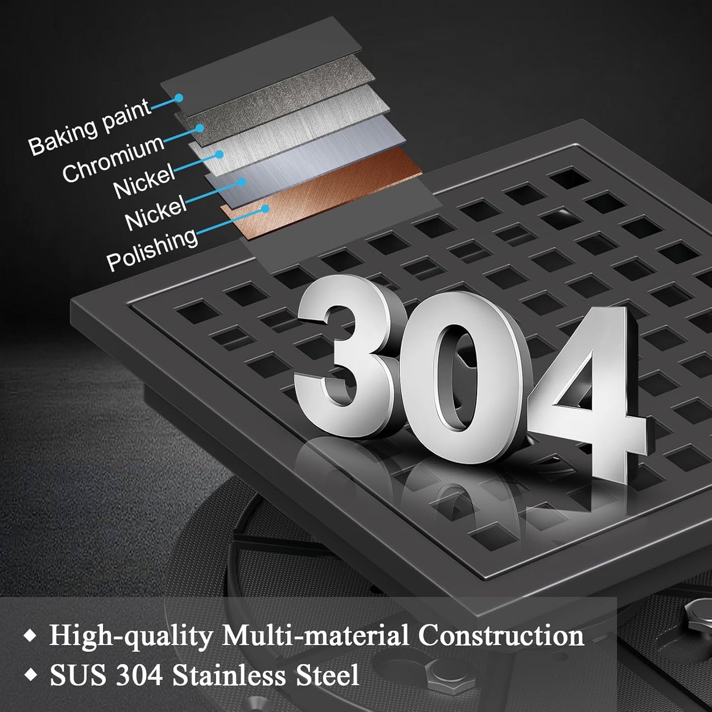 Square Shower Floor Drain with Flange, 6 Inch Matte Black Shower Drain Hair Catcher, SUS304 Stainless Steel Floor Drain Strainer, Shower Drain Cover